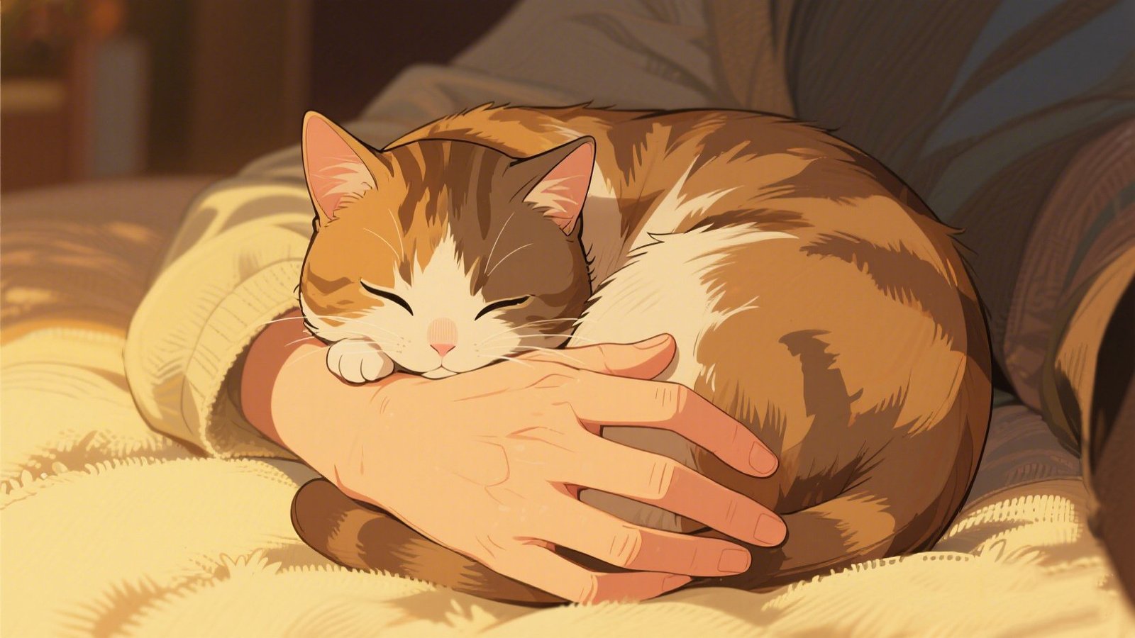 Animated cat curled up in a ball, sleeping peacefully in a person's hand, symbolizing comfort and trust in human-cat bonds.