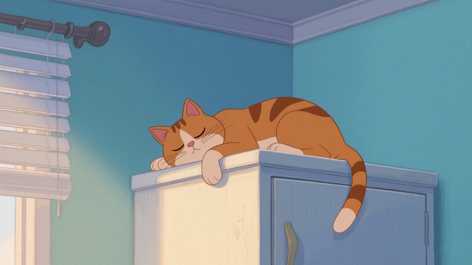 Animated tabby cat sleeping atop a tall cabinet, illustrating a cat's preference for elevated, secluded sleeping spots.