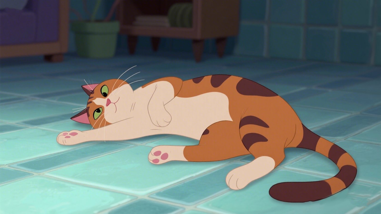 Cartoon orange tabby cat sprawled on cool tiled floor, partially alert and relaxed—common summer posture to regulate body temperature.