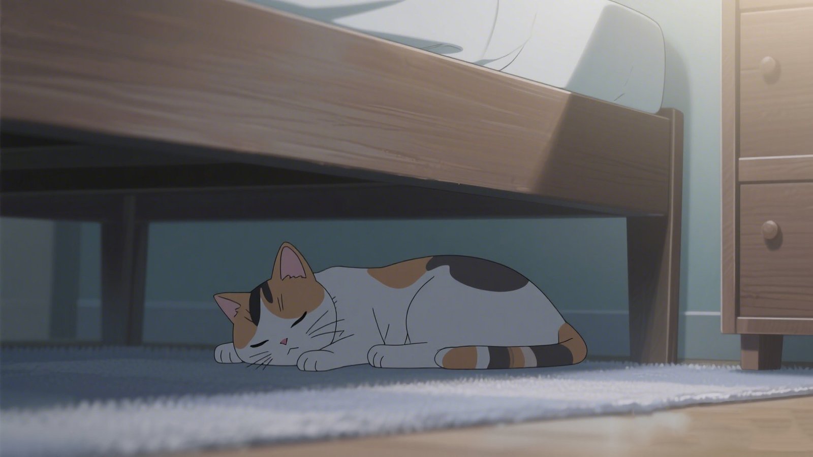 Cartoon calico cat sleeping quietly under a bed on a soft rug—showcasing feline preference for quiet, hidden nooks.