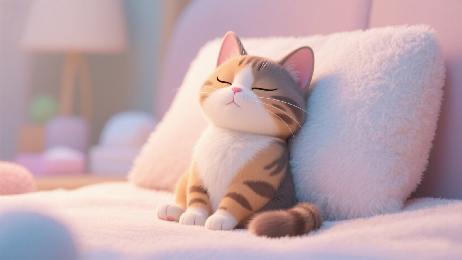 Cute animated tabby cat sitting upright on a bed with eyes gently closed—demonstrating the “half-asleep guardian” nap position.