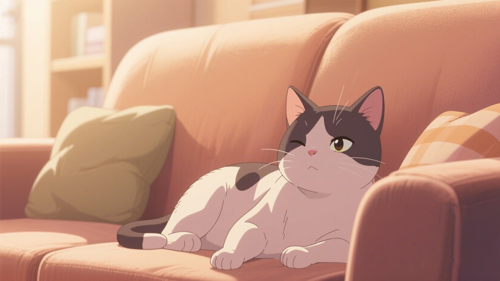 Realistic-style black and white cat lounging on a sofa, one eye half-open—capturing feline alertness even during rest.