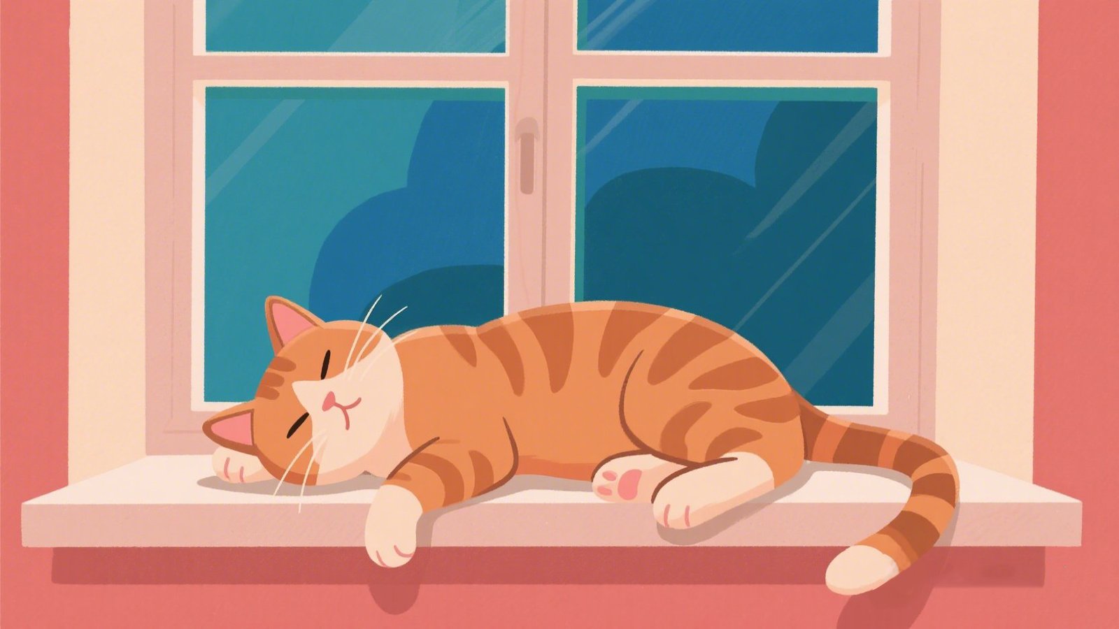 Flat-style illustration of an orange tabby cat lazily stretched on a windowsill, enjoying indoor light and view.
