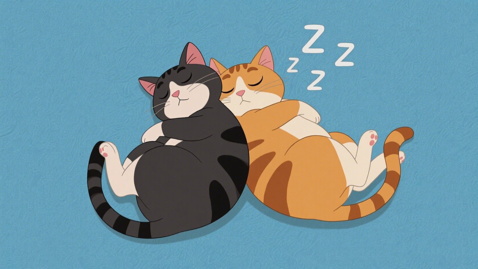 Animated image of two cats, one orange tabby and one black tabby, sleeping back-to-back—symbolizing feline bonding and comfort.