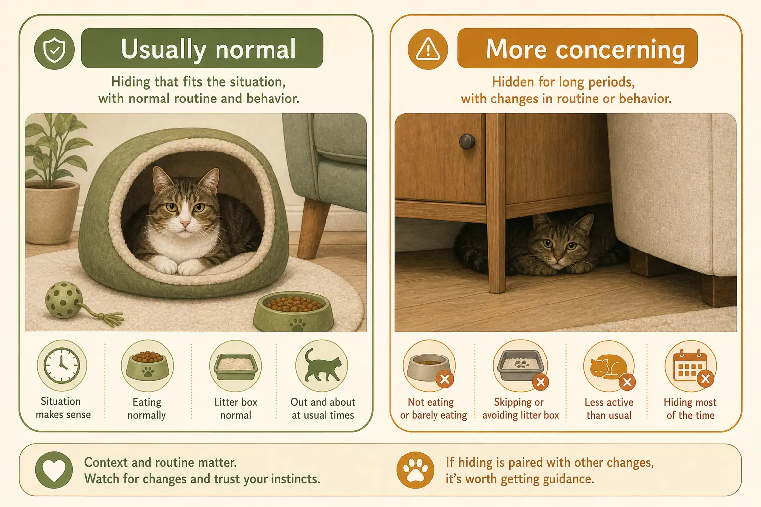 Comparison infographic showing usually normal cat hiding versus more concerning hiding with changes ineating, litter box use, activity, and duration.