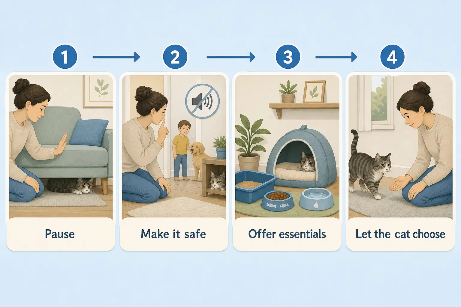 Four-step illustrated flow showing a caregiver pausing, reducing noise, offering nearby essentials, and letting a hiding cat come out voluntarily.