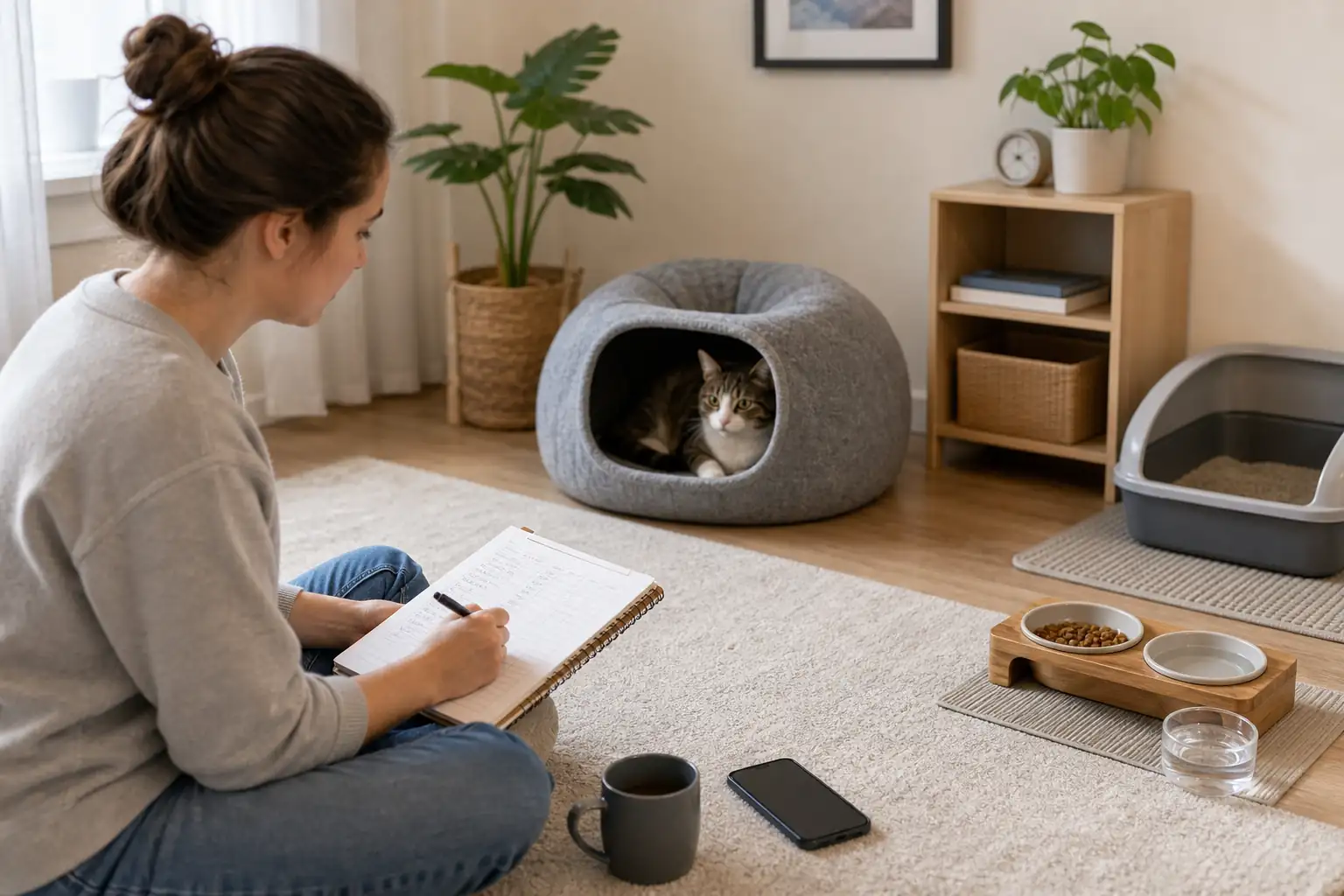 Cat parent recording behavior changes while a cat rests in a safe covered bed near food, water, and a litter box.