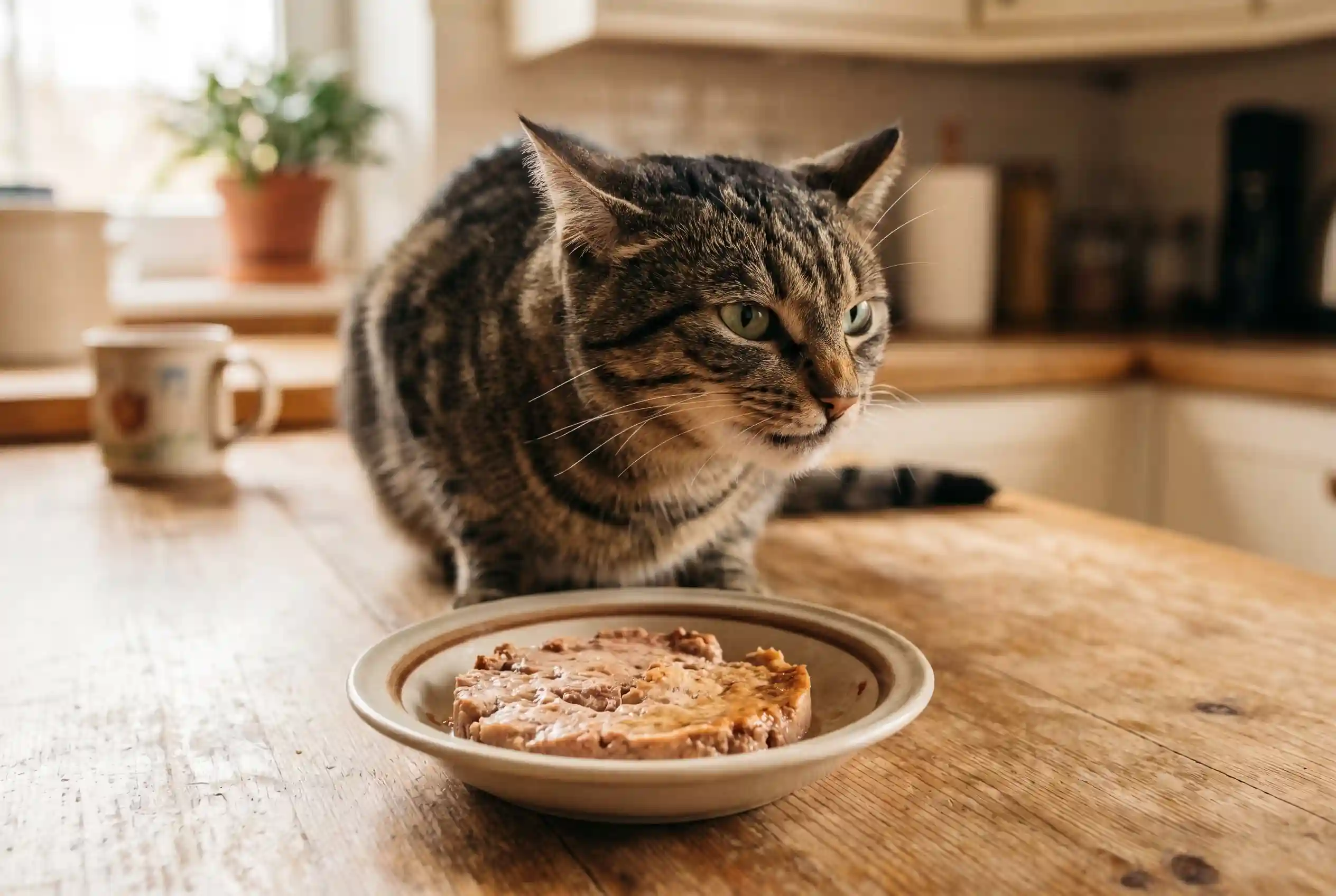 tabby cat sitting in front of a plate of wet food with a slightly skeptical expression, head slightly turned away