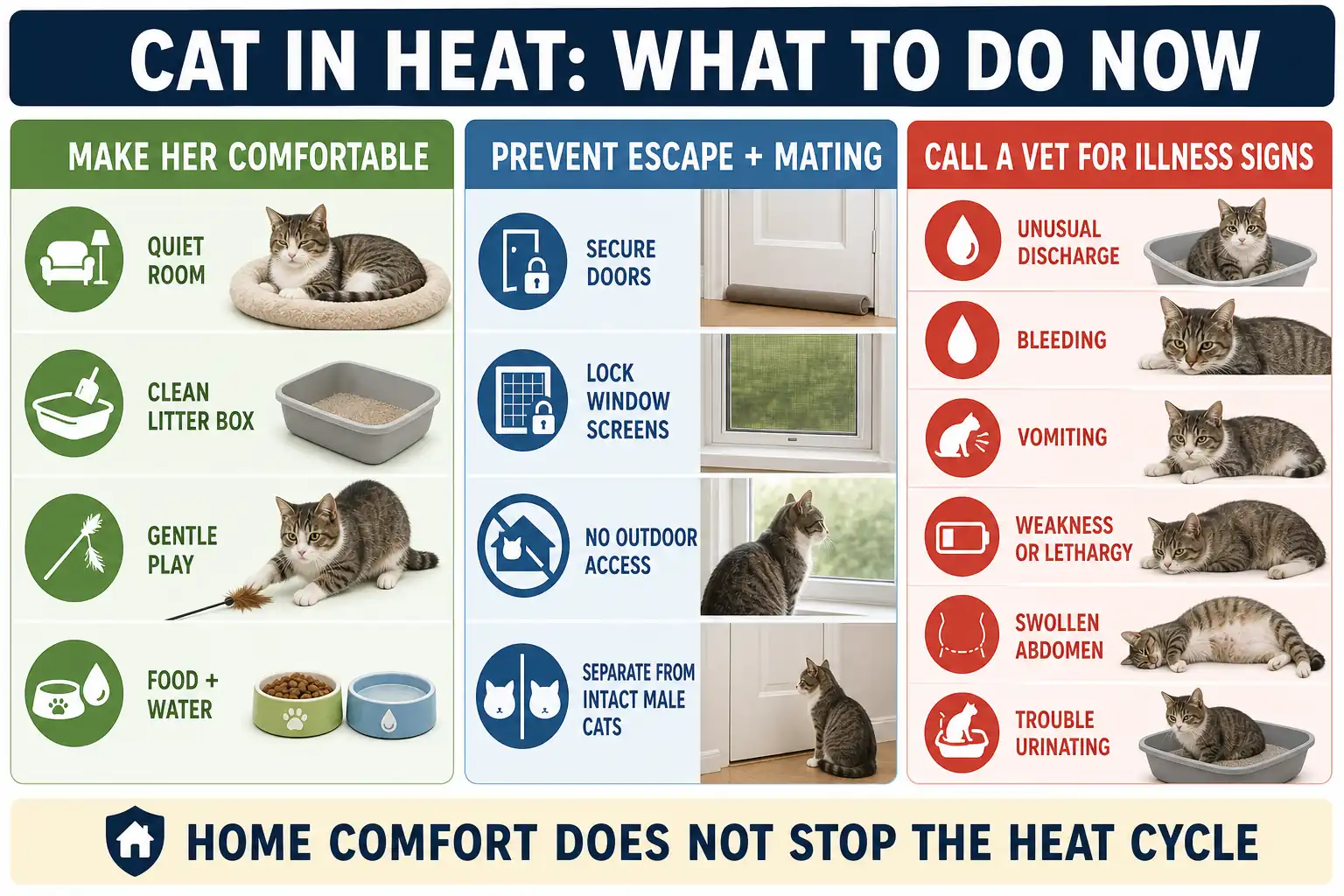 Three-column infographic showing comfort measures, escape prevention, and illness signs for a cat in heat.