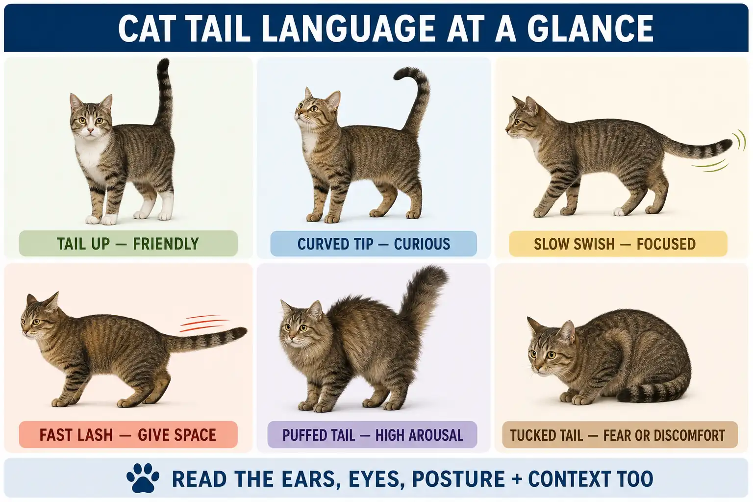 Six-panel cat tail language infographic showing tail up, curved tip, slow swish, fast lash, puffed tail, and tucked
tail.