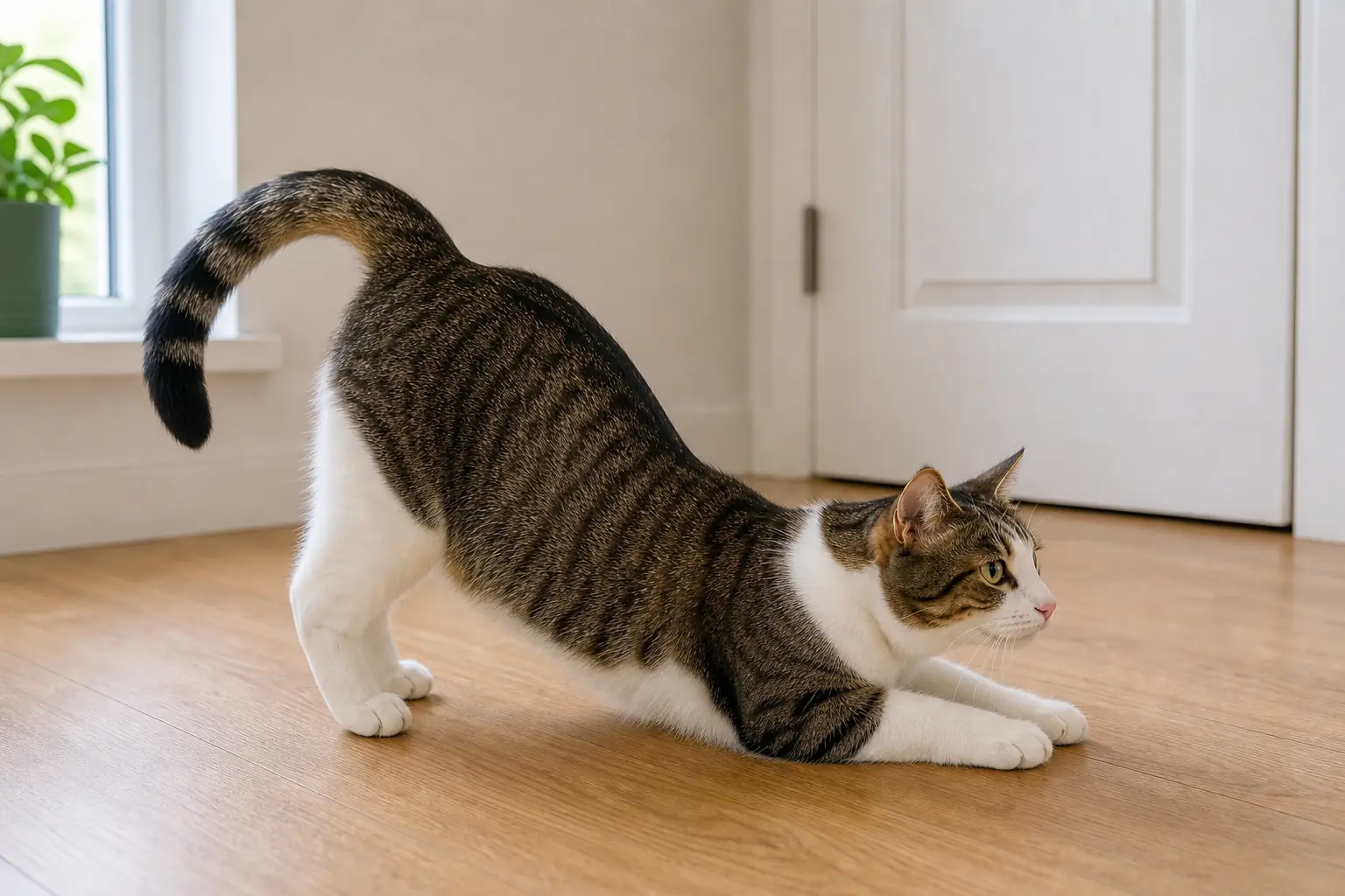 Female cat with her front body lowered and hindquarters raised near a securely closed door.