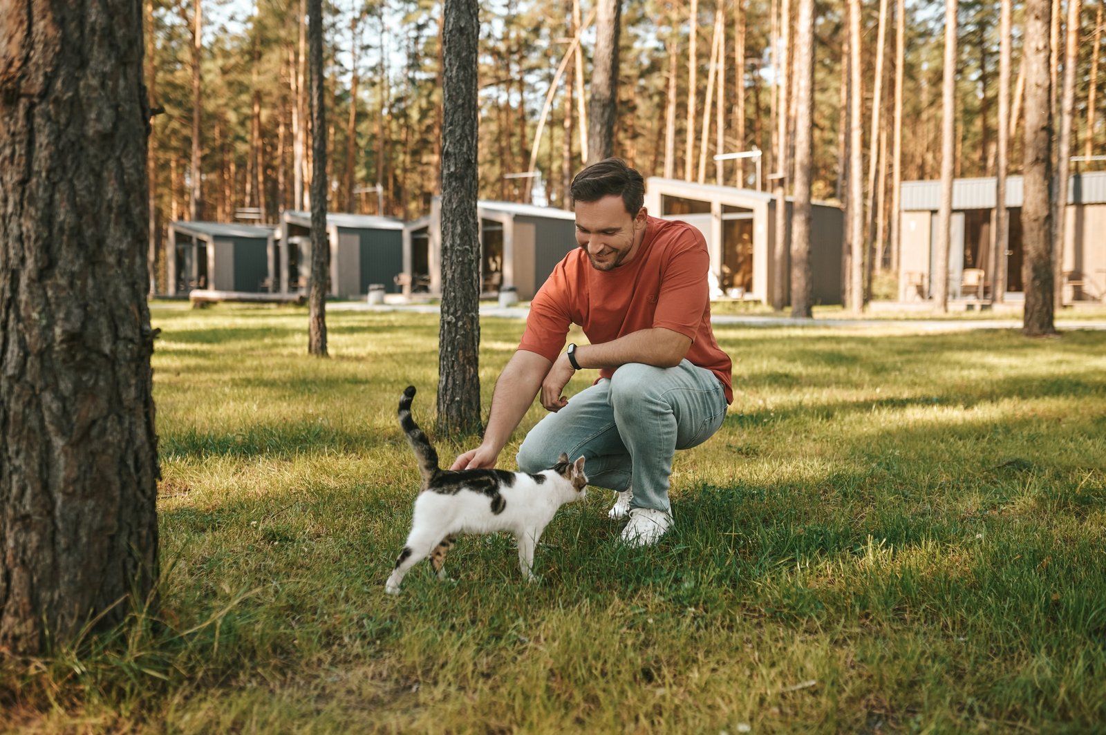 Man crouching on lawn touching cat