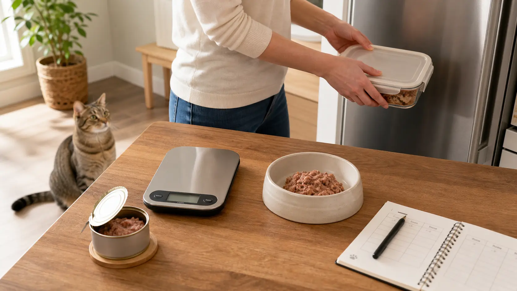 Person measuring wet cat food with a kitchen scale and storing leftovers while a cat waits nearby.