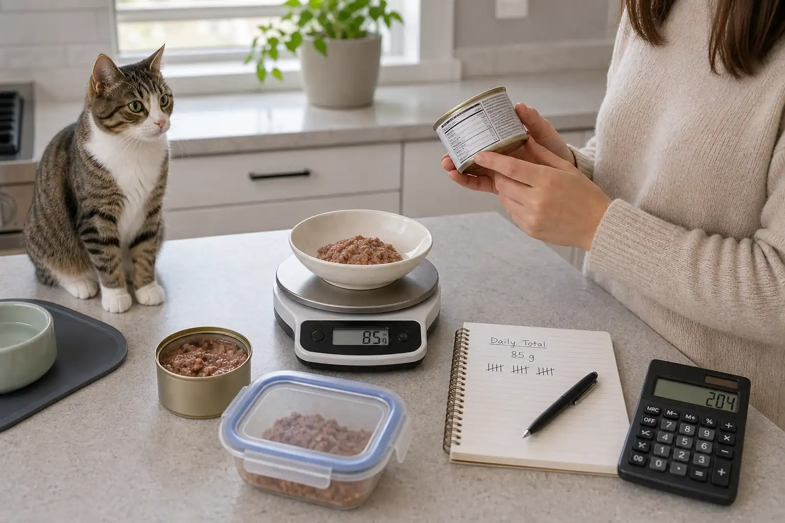 Wet food portion math infographic showing daily calorie target divided by calories per can or pouch.