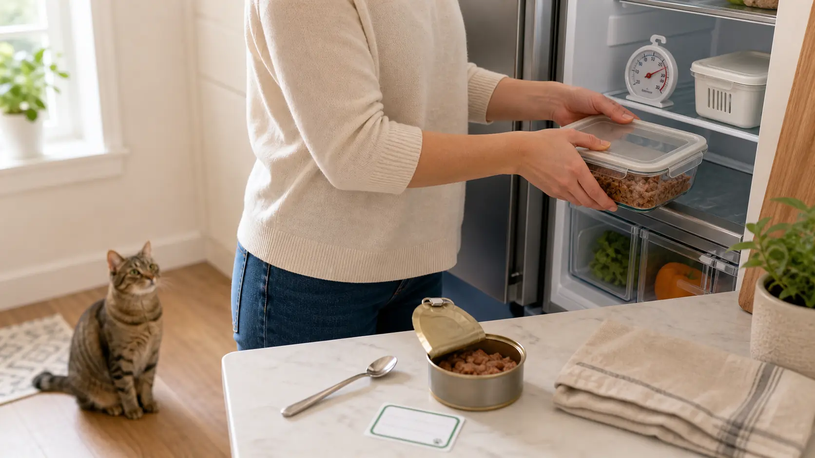 Person placing a covered container of leftover wet cat food into a refrigerator with a thermometer visible while a cat waits nearby.