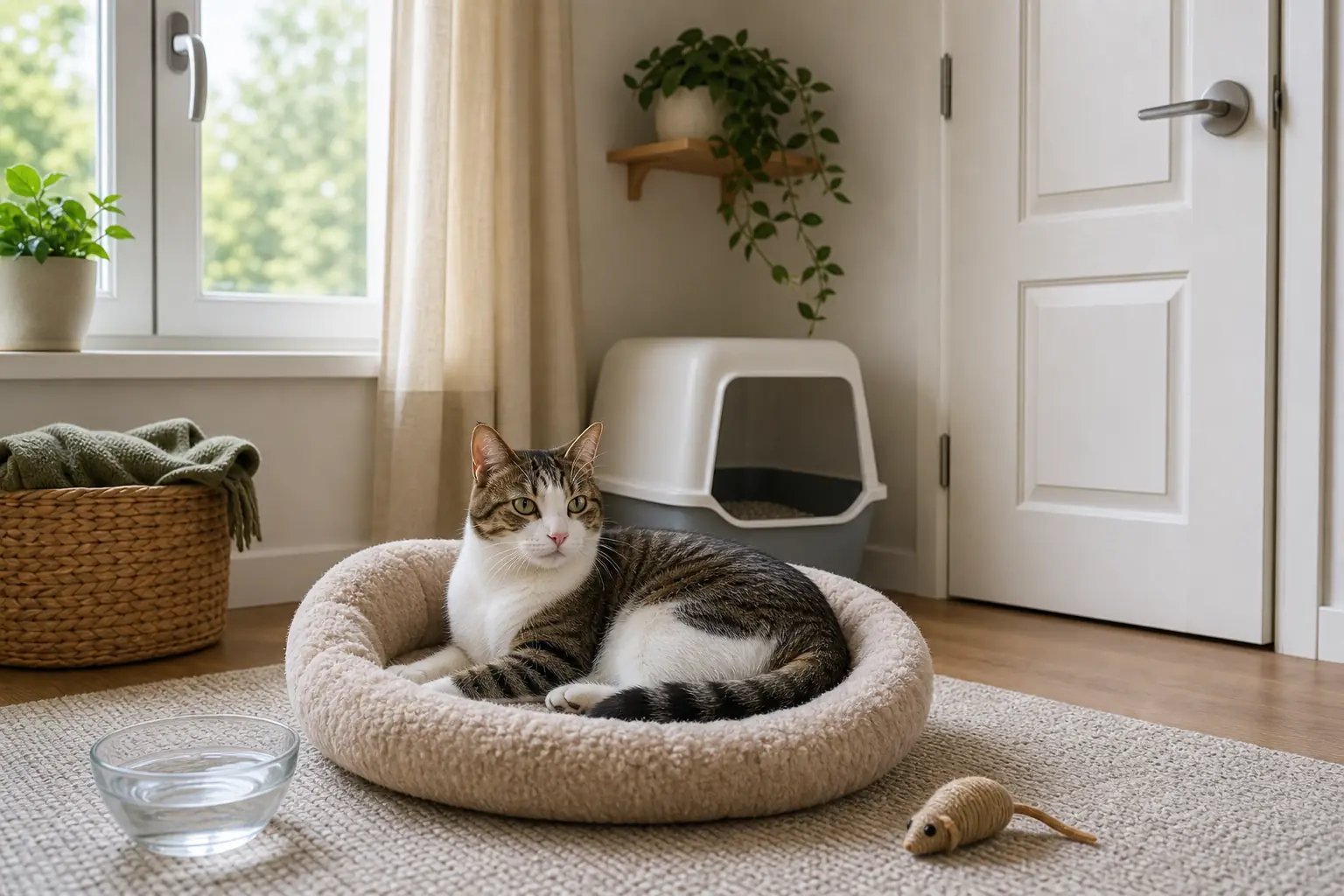Cat resting beside a closed window while an owner records heat-cycle dates in a notebook next to a calendar.