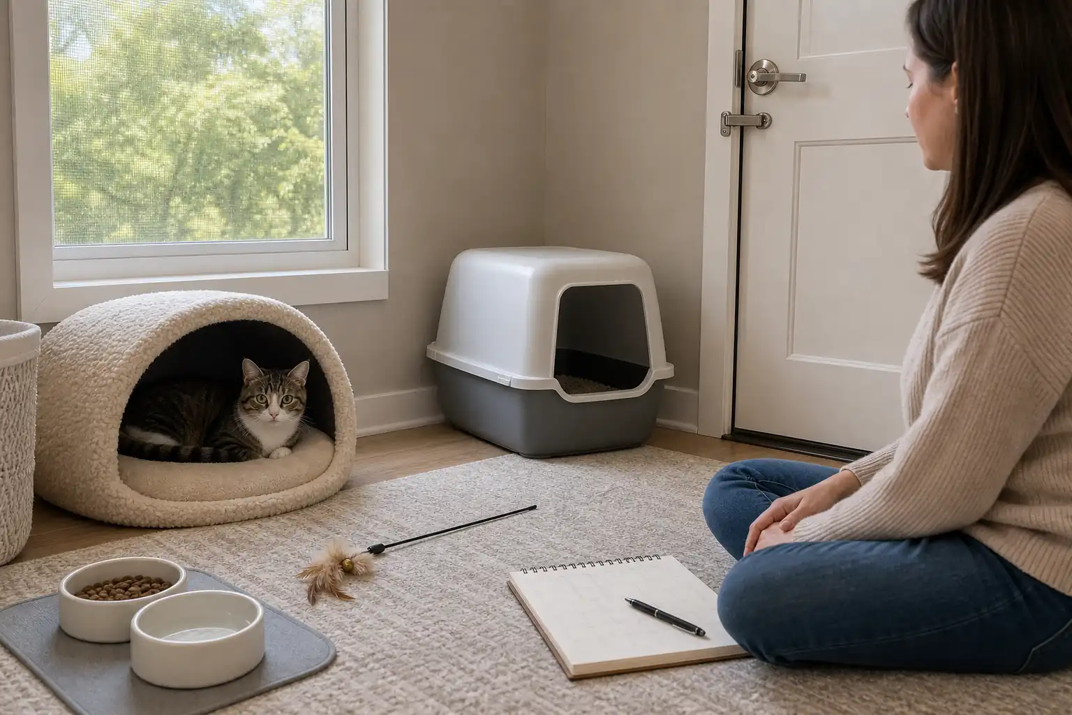 Secure quiet room for a cat in heat with a closed door, screened window, covered bed, litter box, food, water,
toy, and tracking notebook.