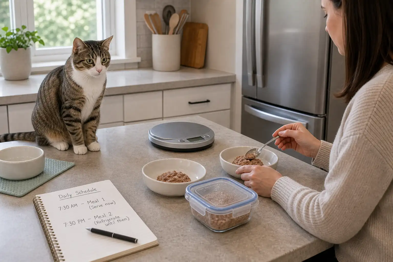 Wet food meal schedule infographic comparing kittens, adult cats, and cats with senior or medical needs.
