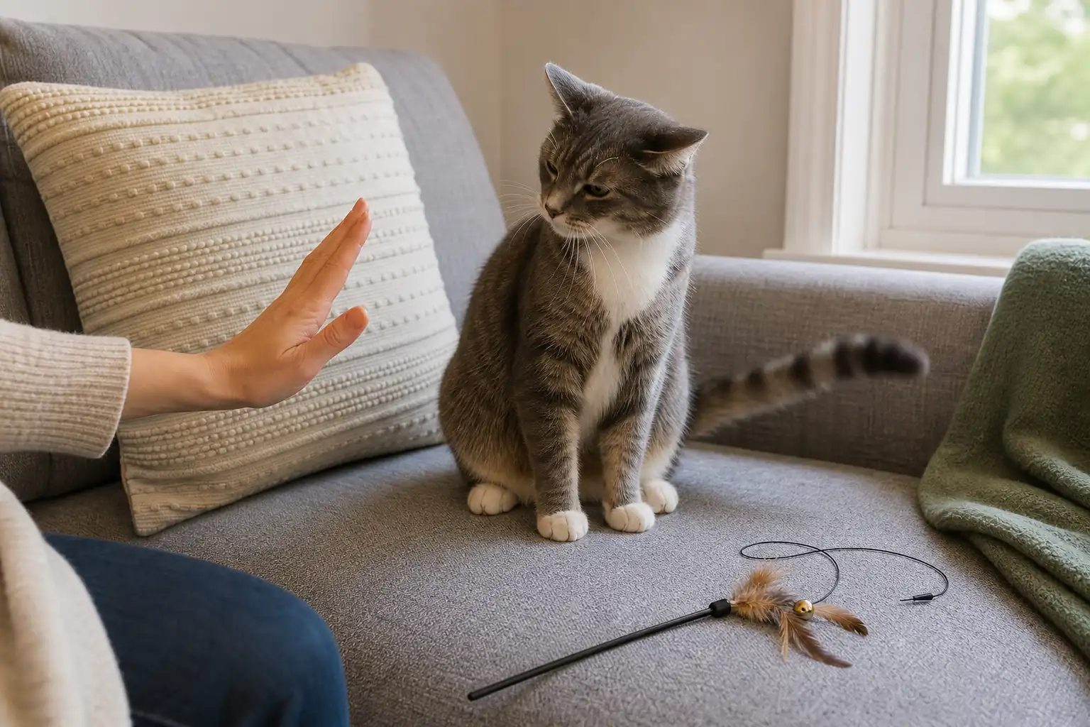 Person stops reaching toward a tense cat with sideways ears and a visibly moving tail, leaving space on the
sofa.