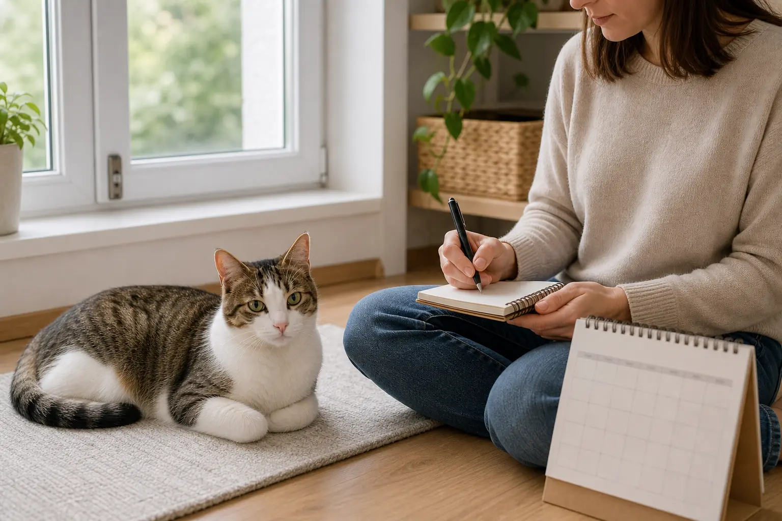 Cat resting in a secure indoor room with closed door and window, fresh water, clean litter box, bed, and toy.