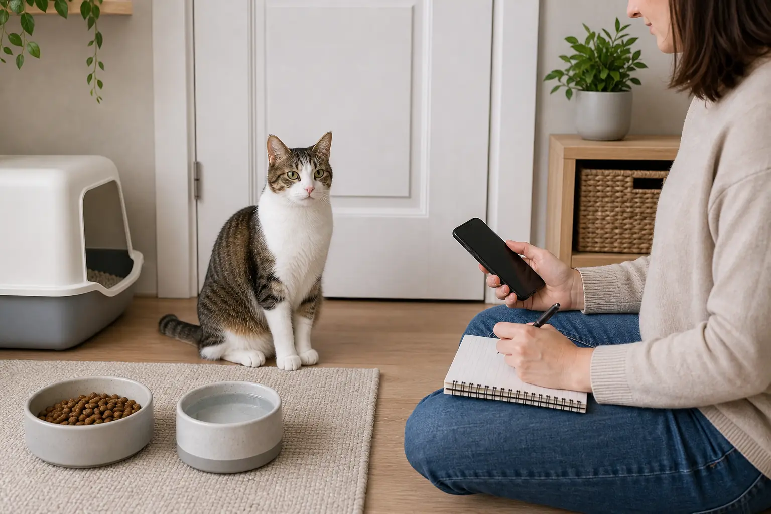 Owner records observations beside a cat, phone, food bowl, water bowl, litter box, and closed door.