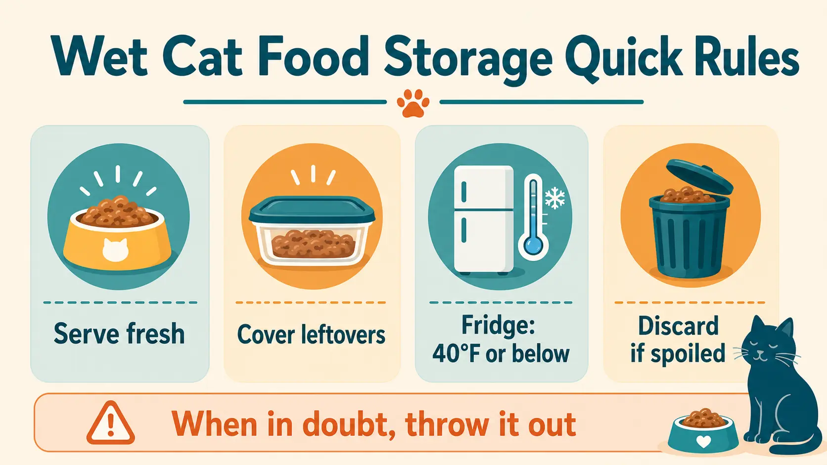 Wet cat food storage quick rules infographic showing serve fresh, cover leftovers, refrigerate at 40°F or below, and discard spoiled food.
