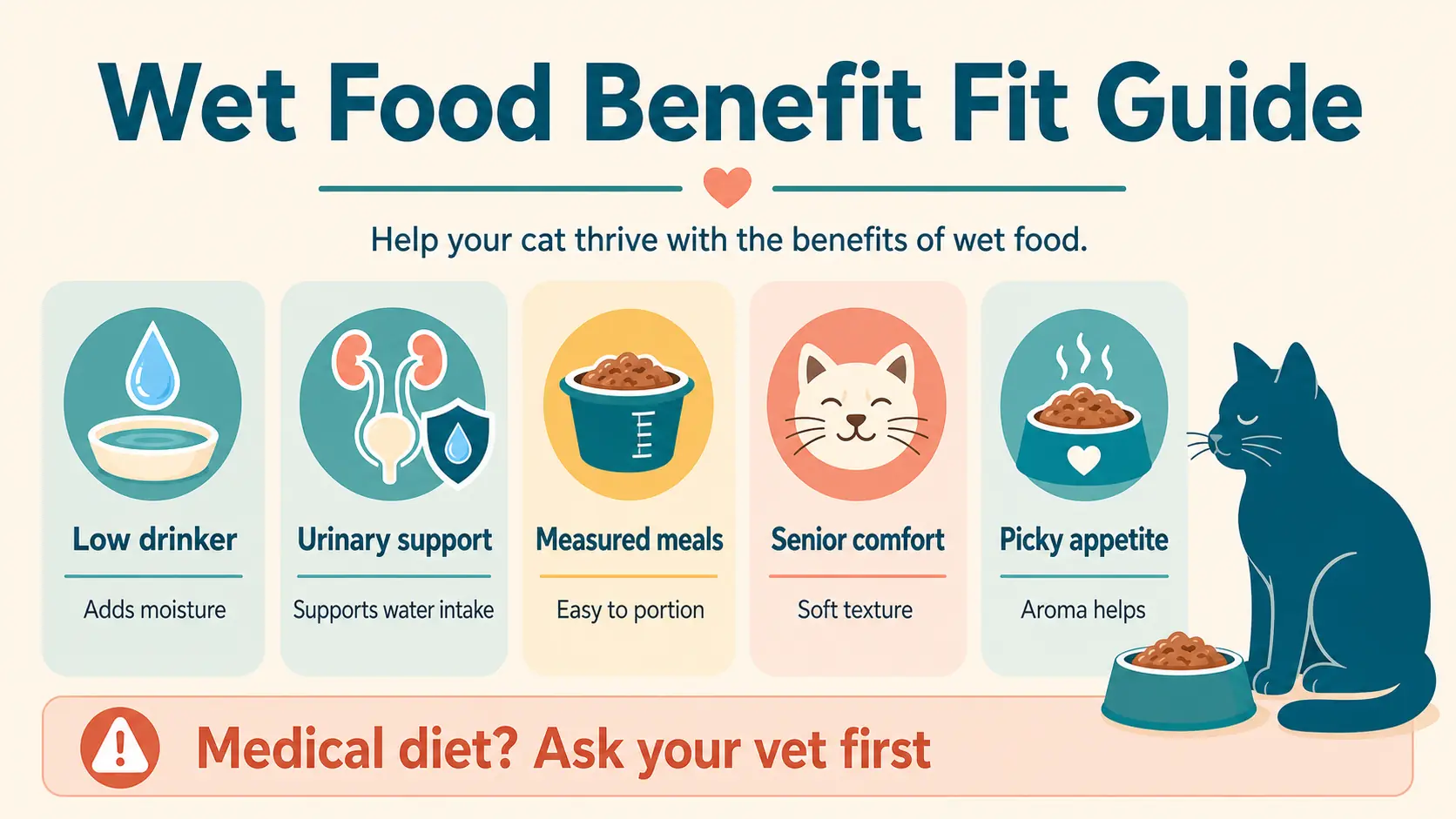 Wet food benefit fit guide showing low drinkers, urinary support, measured meals, senior comfort, and picky appetite as possible wet-food use cases.
