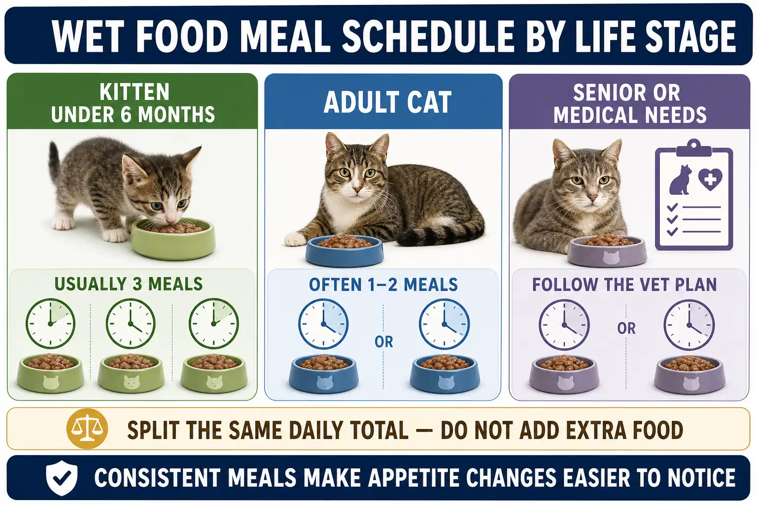 Person dividing one calculated daily wet-food total into a meal to serve now and a covered portion for
refrigeration.