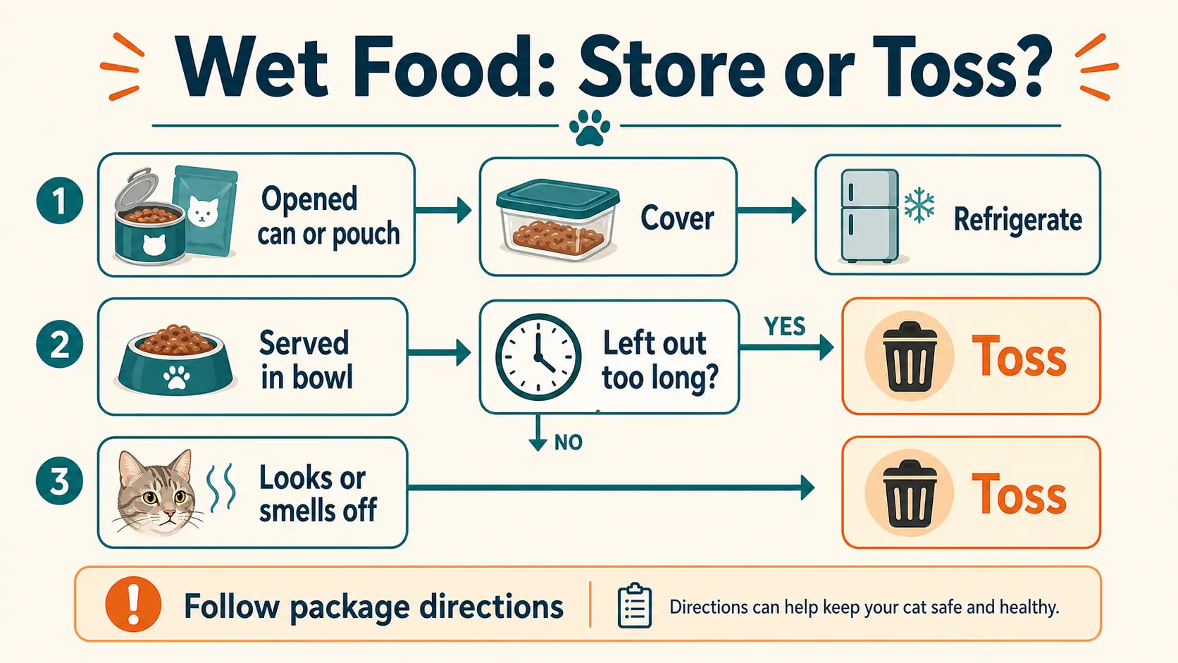 Flowchart showing opened wet cat food should be covered and refrigerated, served bowl food left out toolong should be tossed, and food that looks or smells off should be tossed.