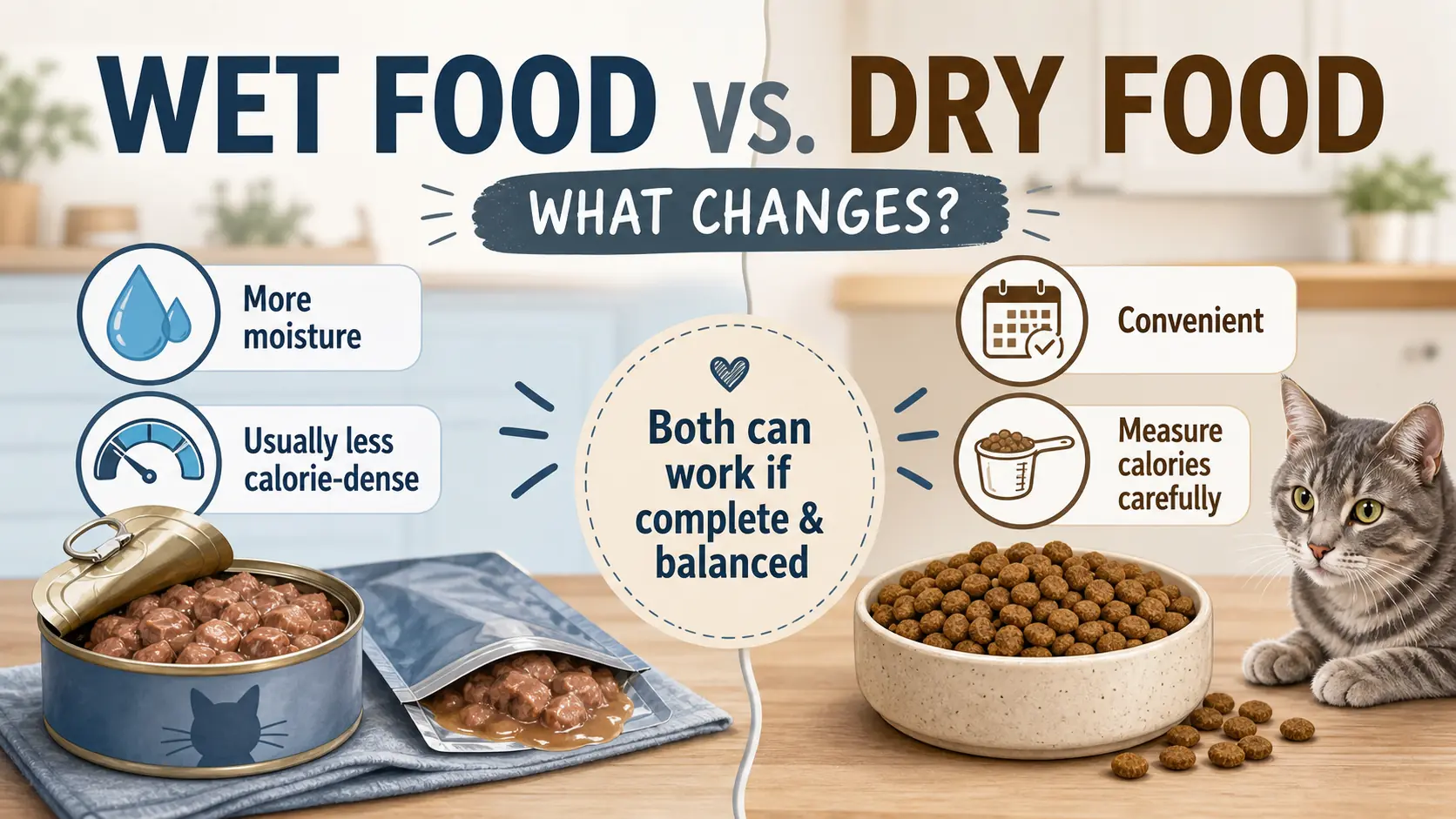 Comparison graphic showing wet food with more moisture and usually lower calorie density beside dry foodwith convenience and careful calorie measuring.