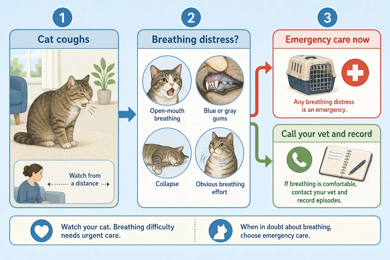 Infográfico de fluxo de decisão que ilustra os cuidados de emergência para um gato com tosse, respiração com a boca aberta, gengivas azuis ou cinzentas, colapso ou esforço respiratório evidente.