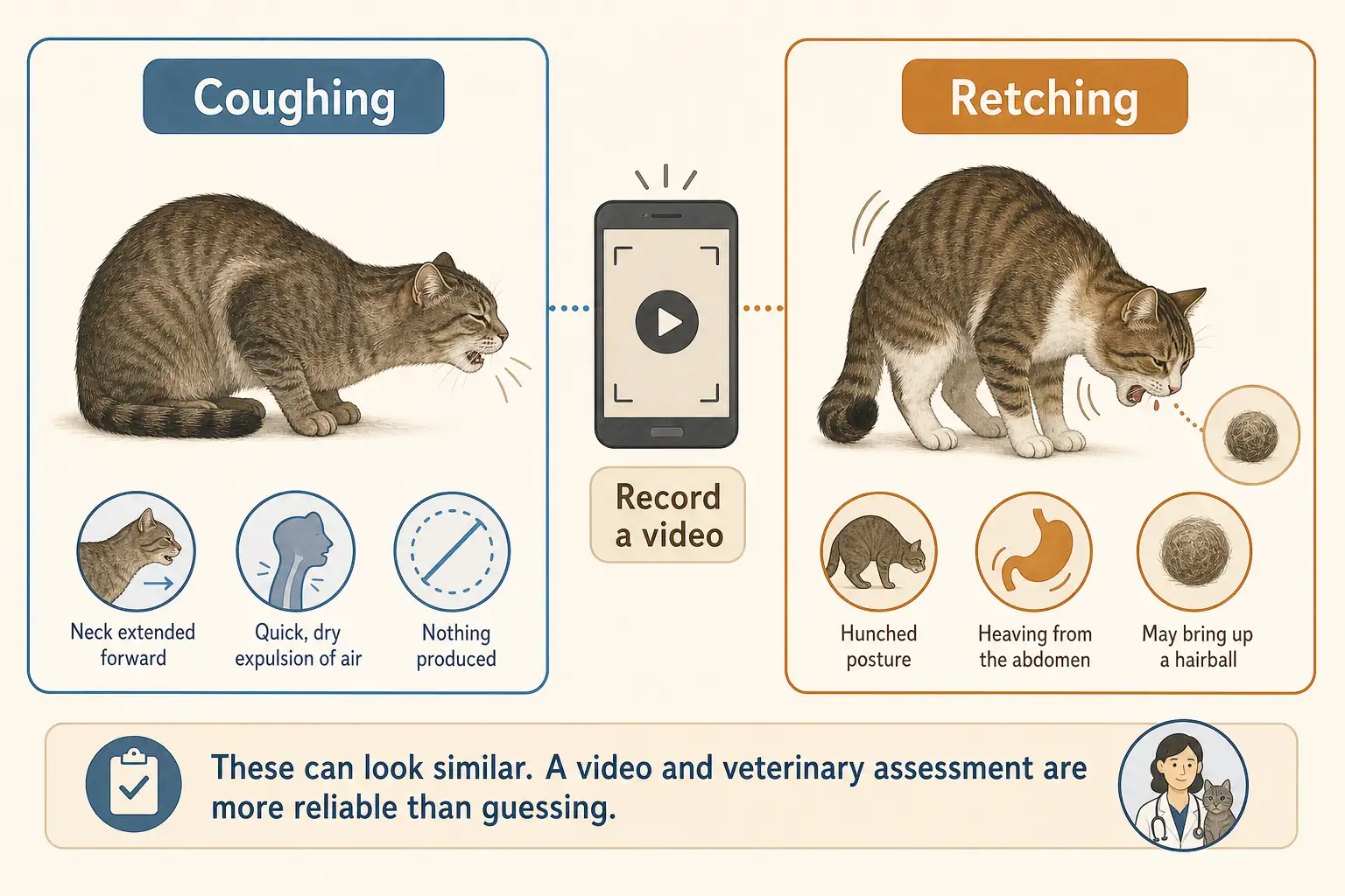 Comparação ilustrada entre um gato tossindo e um gato com ânsias de vômito, com um telefone incentivando os donos a gravarem um vídeo para avaliação veterinária.