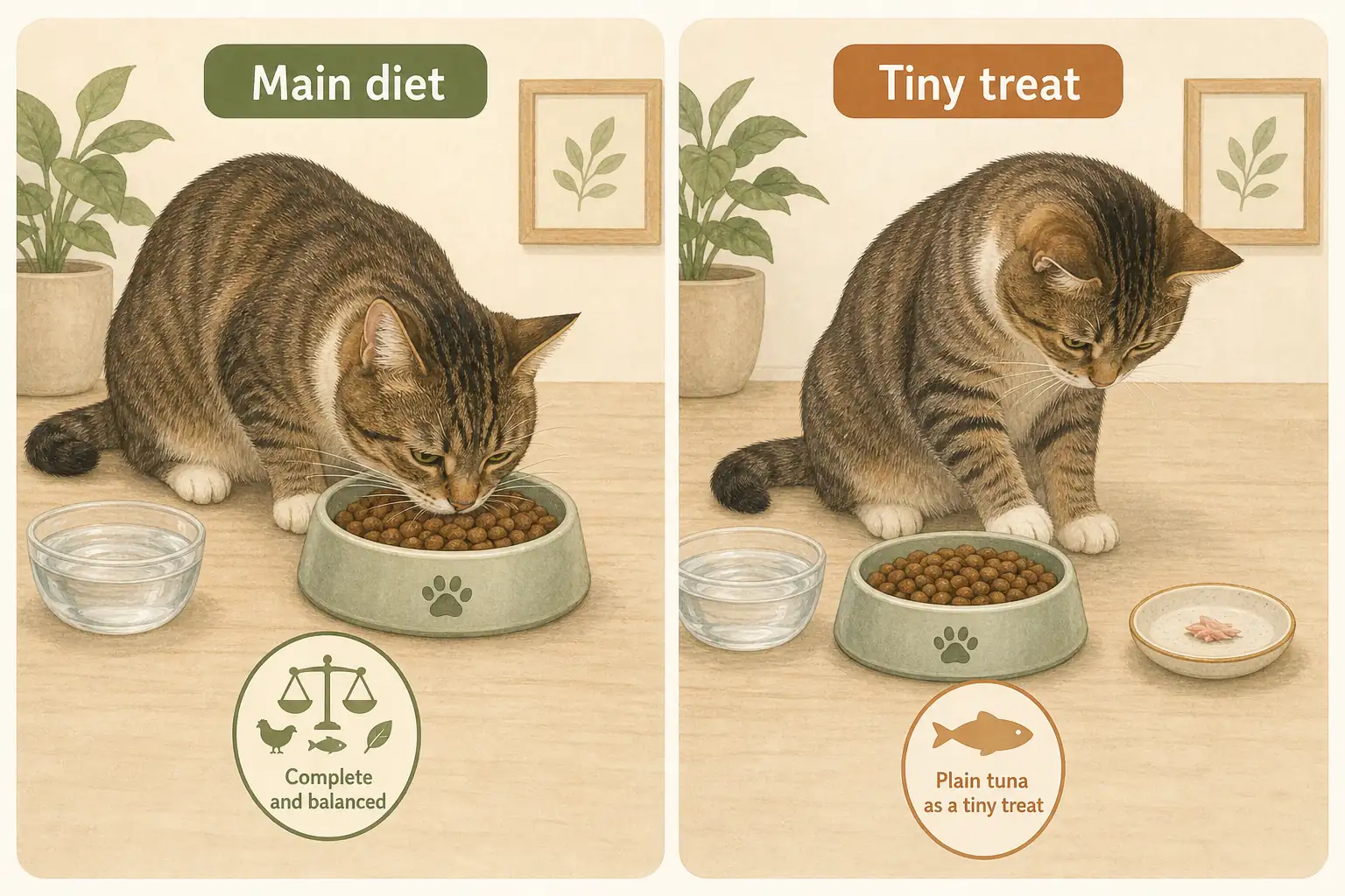 lllustrated comparison showing complete cat food as the main diet and plain tuna as only a tiny treat.