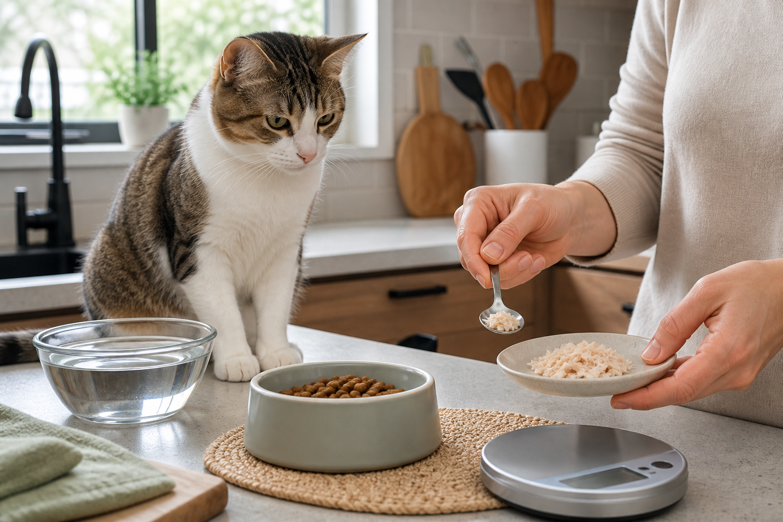 Cat beside a regular cat food bowl, fresh water, and tiny plain treat portions in separate dishes.