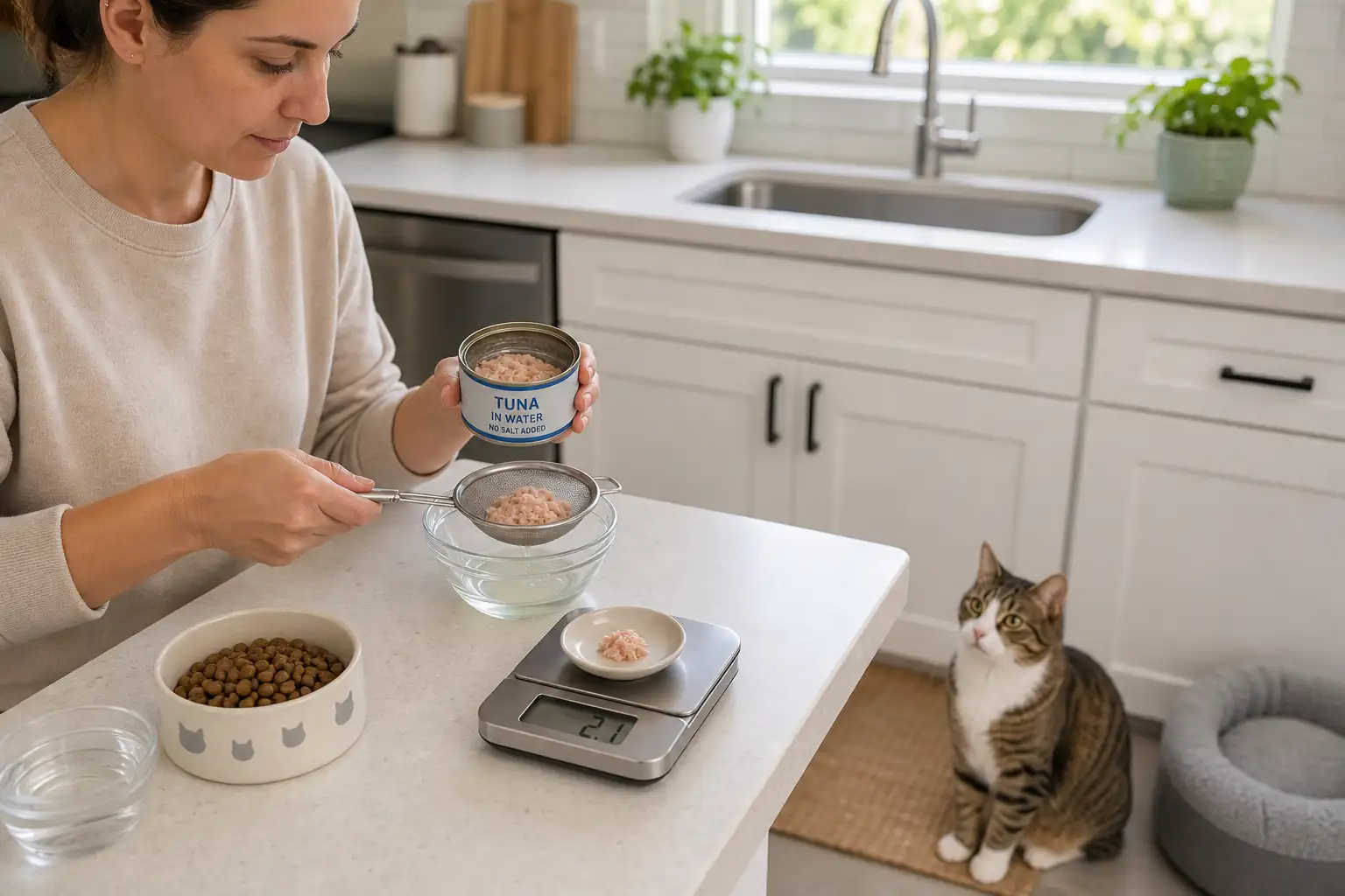 Owner draining no-salt-added tuna in water and weighing a tiny portion while the cat waits away from the counter.