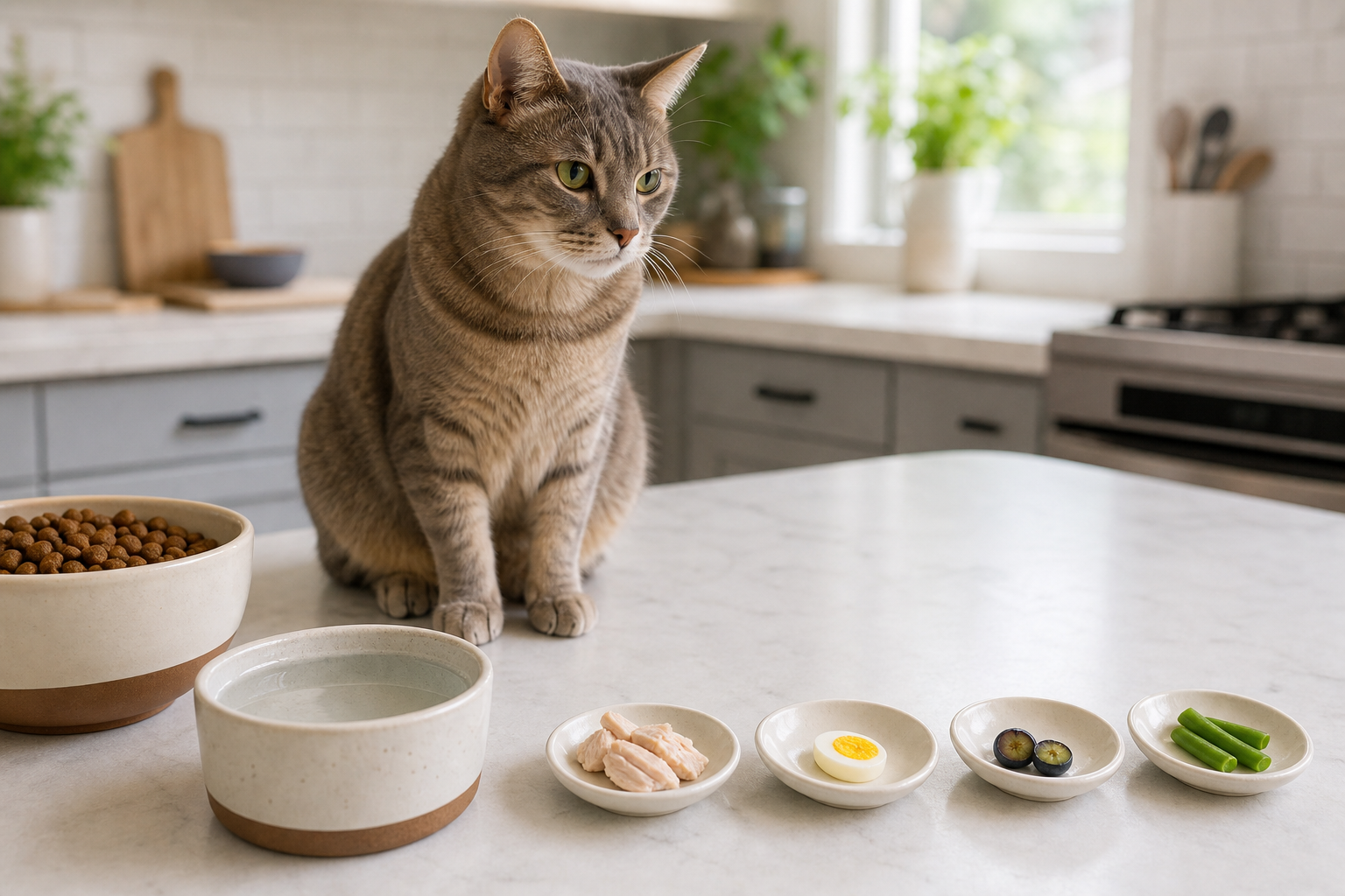 Cat safely separated from chocolate, grapes, raisins, onion, garlic, coffee, and wine on a kitchen counter.