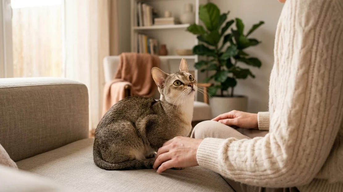 Singapura cat with large eyes and sepia agouti coat sitting alert in a quiet home setting