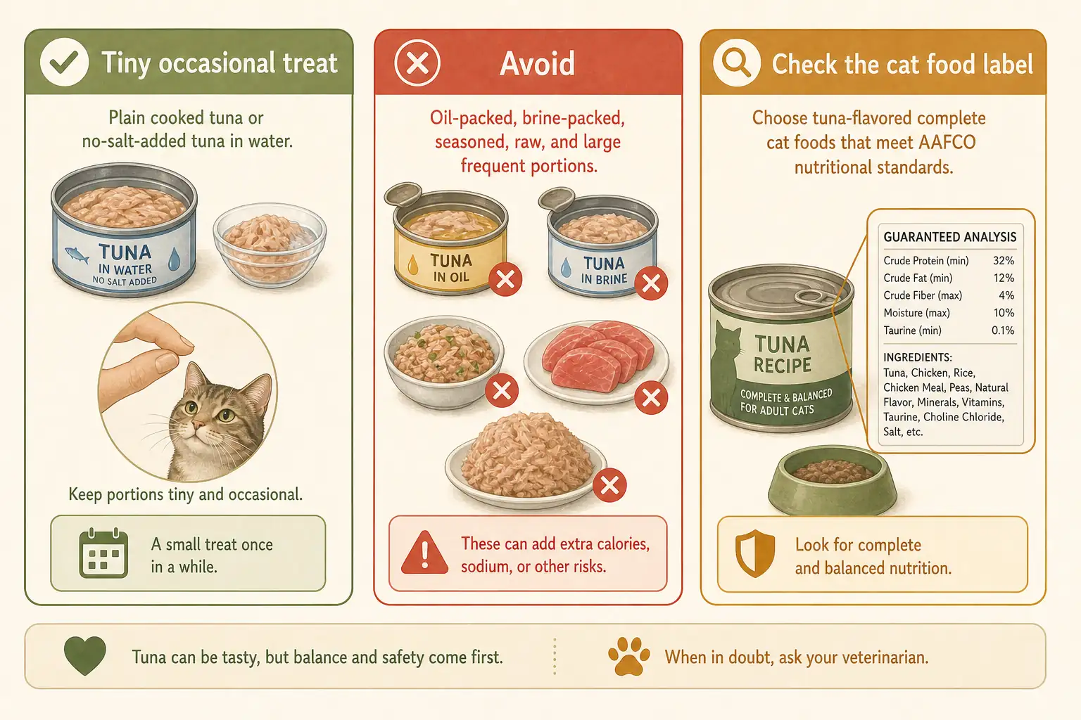 Decision infographic comparing tiny occasional tuna treats, tuna types to avoid, and tuna cat food labels.