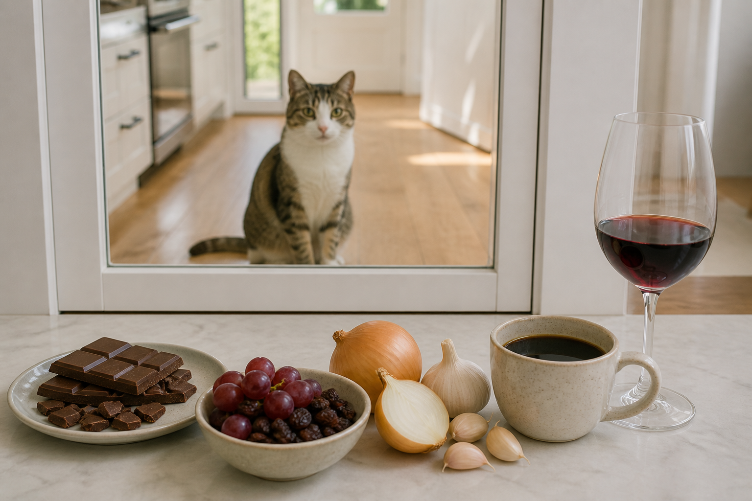 Cat parent measuring a very small plain treat portion beside cat food, water, and a kitchen scale.