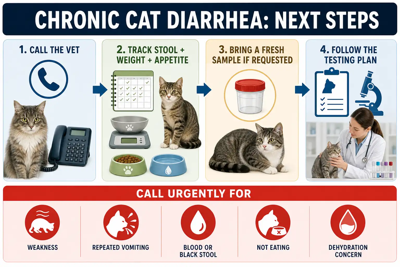 Decision-path infographic showing the next steps and urgent warning signs for chronic cat diarrhea.