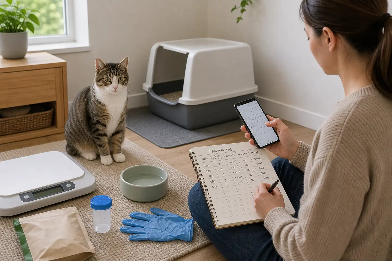Cat beside a clean litter box while an owner records dates, appetite, weight, vomiting, and energy before a veterinary appointment.