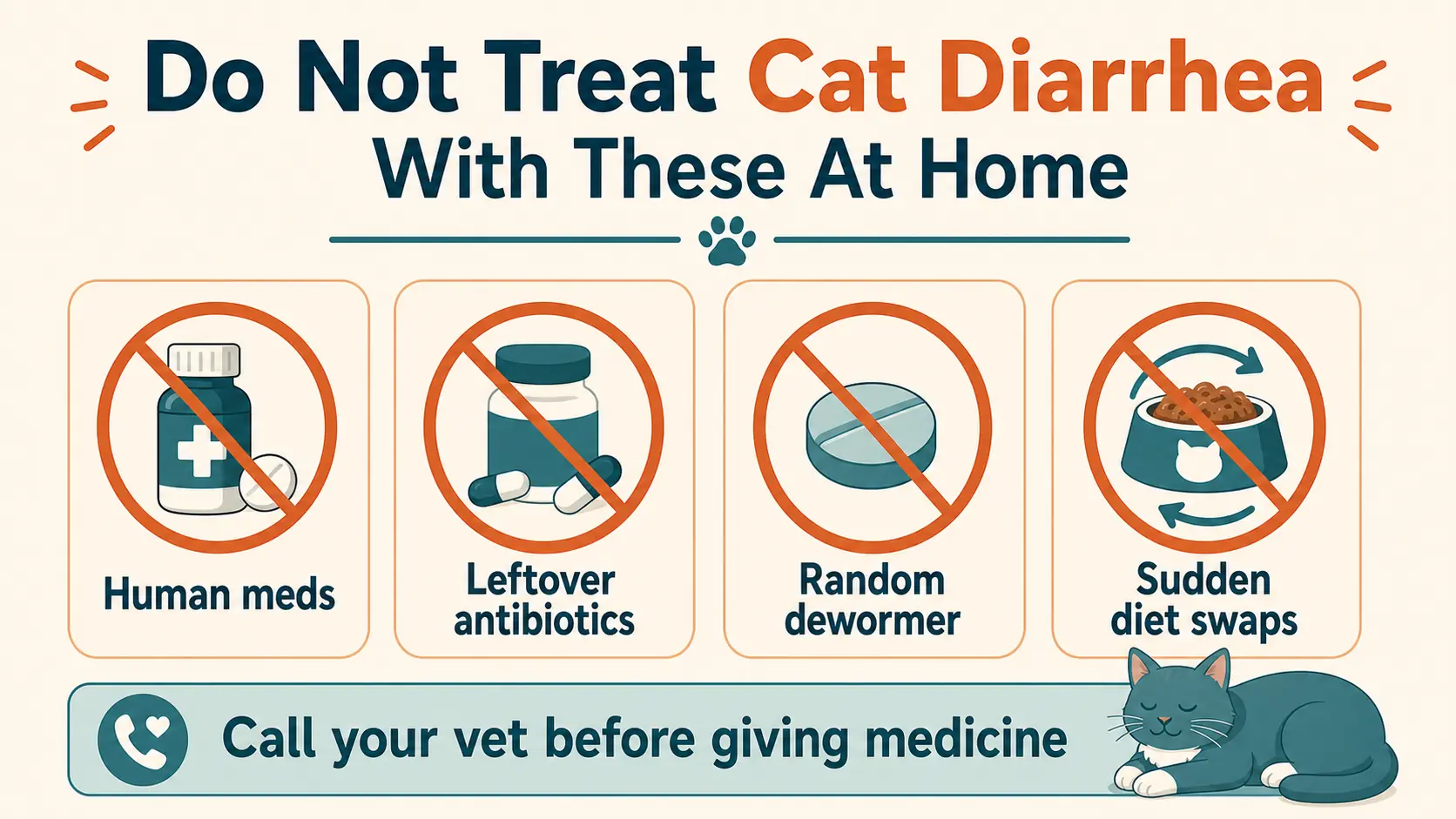 CSafety infographic warning not to treat cat diarrhea at home with human meds, leftover antibiotics, random dewormer, or sudden diet swaps.