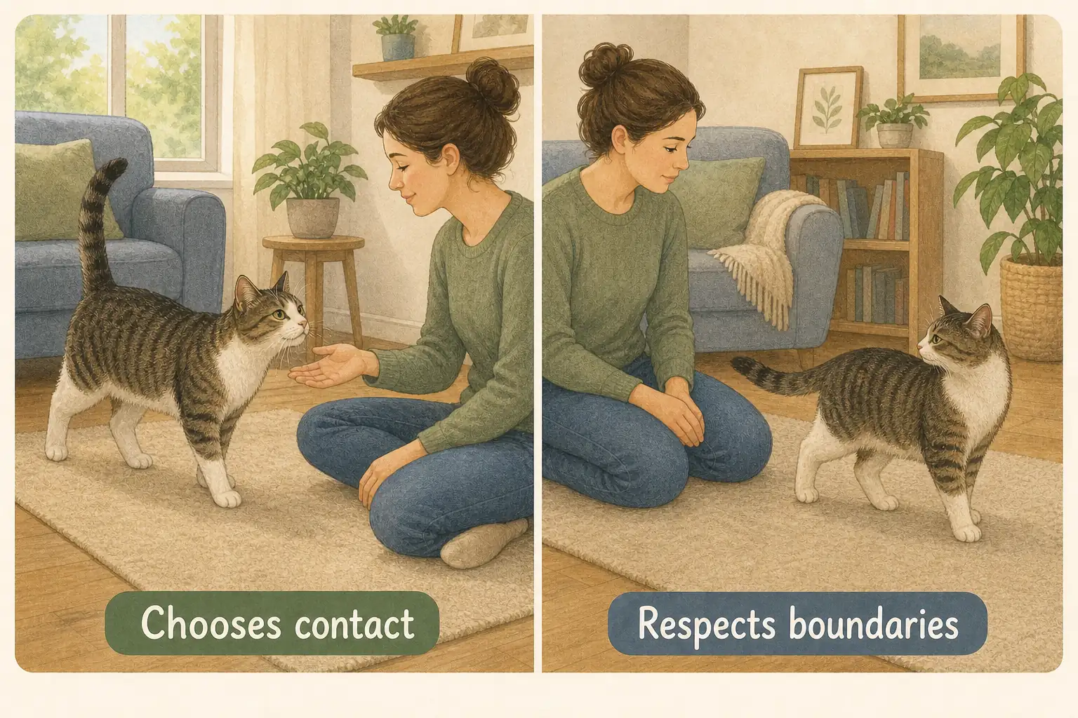 llustrated matrix comparing the social style, activity, and grooming tendencies of eight friendly cat breeds.