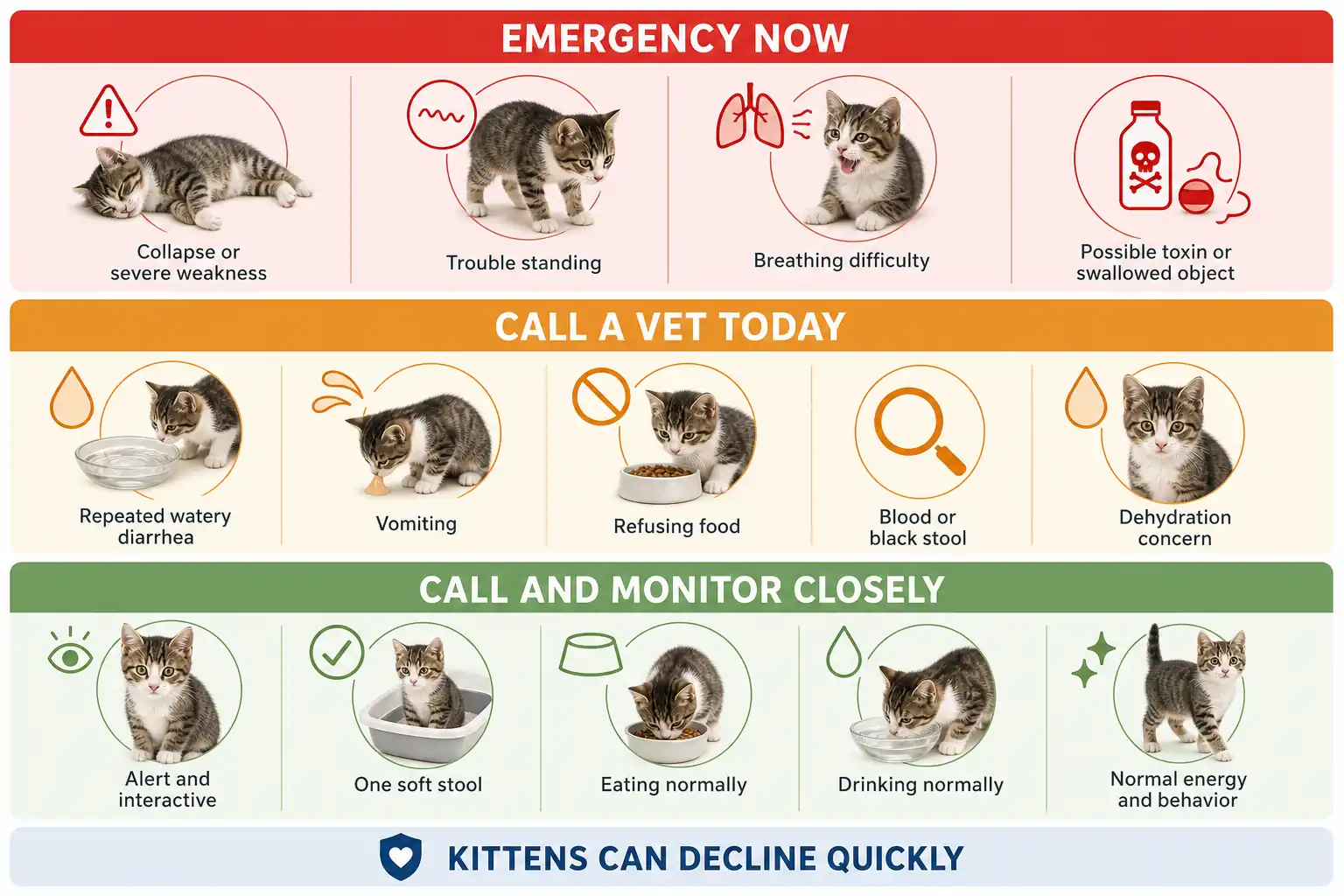 Three-level kitten diarrhea urgency infographic comparing emergency signs, reasons to call a vet today, and
signs to monitor closely after calling.