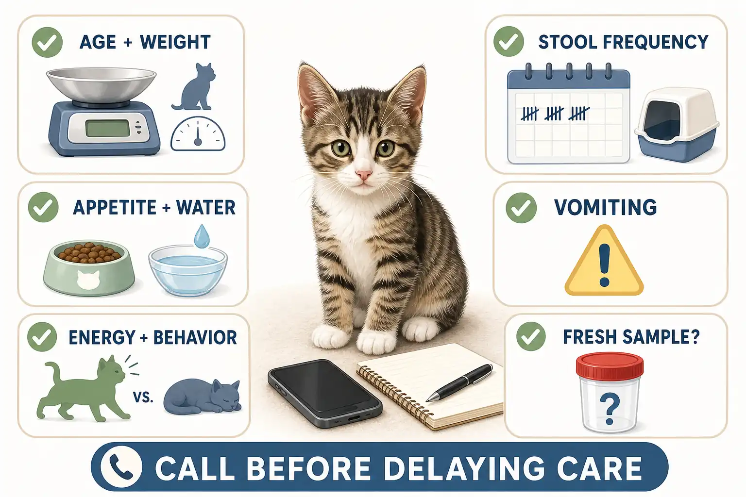 Kitten beside a phone, notebook, scale, sample cup, food, water, and litter box while an owner prepares to call a veterinarian.