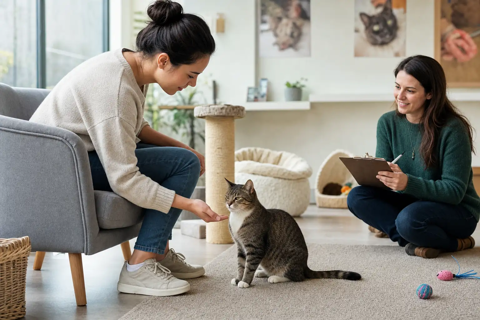 Prospective adopter calmly meeting an adult cat while a shelter counselor observes the interaction.