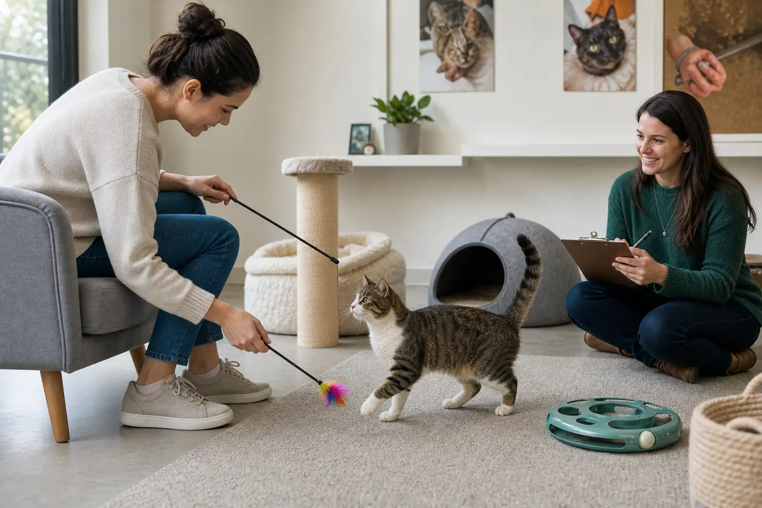 LProspective adopter using play to observe an adult cat's voluntary social behavior while a shelter counselor records observations.
