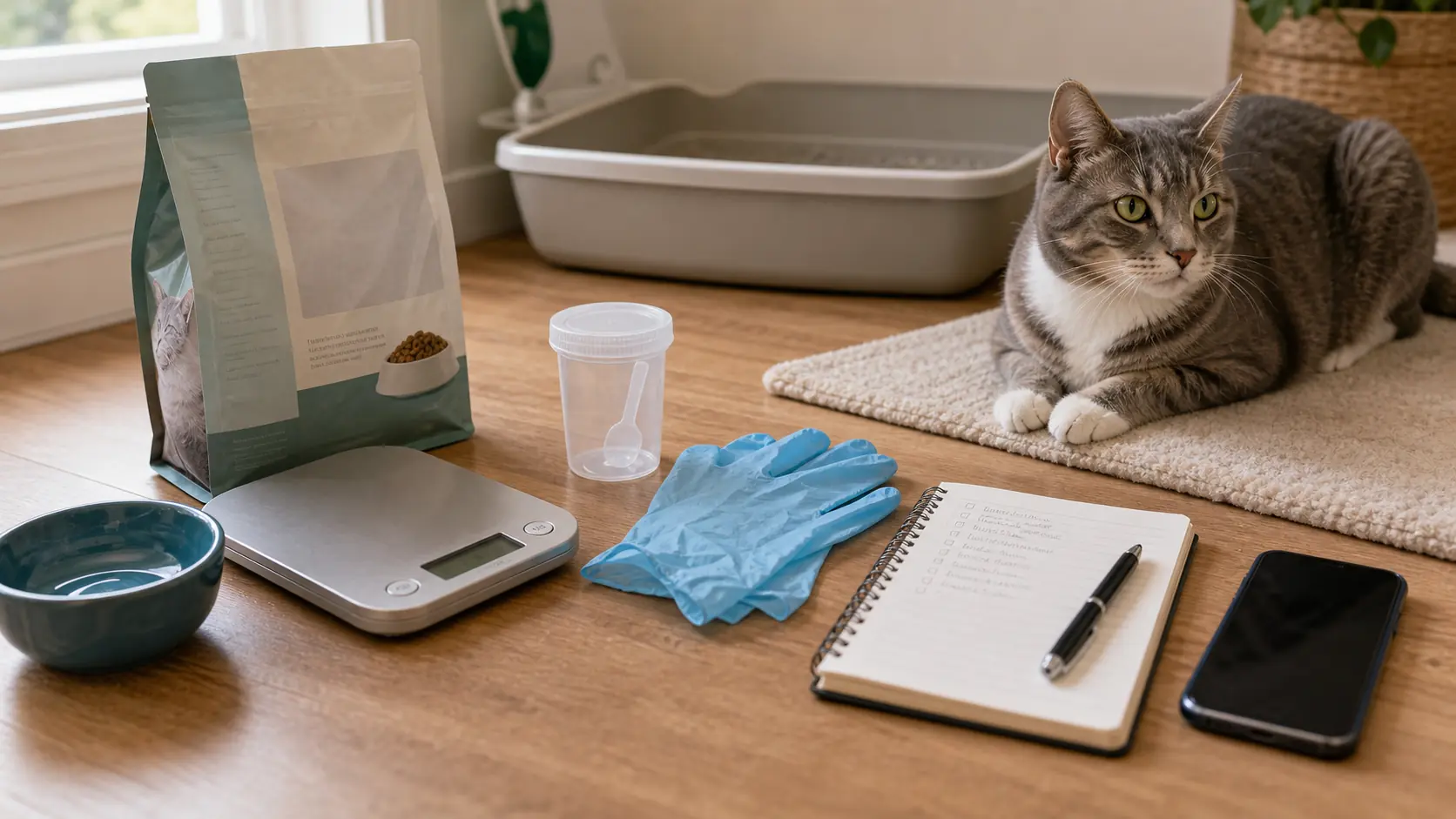 -Adult cat resting near a clean litter box while a phone, notebook, sample container, gloves, food bag, waterbowl, and scale are prepared for a veterinary call.