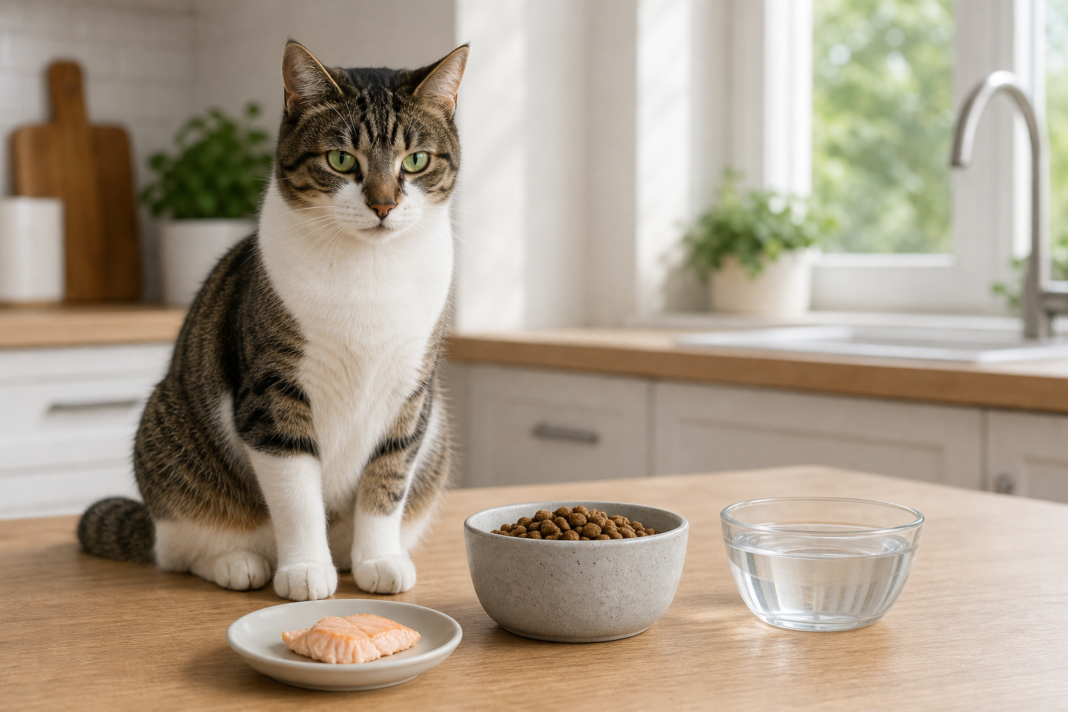 Cat sitting beside a tiny piece of plain cooked salmon, a regular cat food bowl, and fresh water.