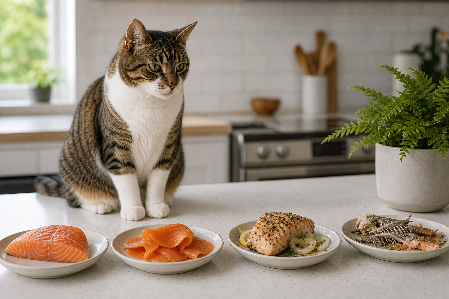 CCat sitting back from raw salmon, smoked salmon, seasoned salmon, and salmon bones shown as unsafe
examples.